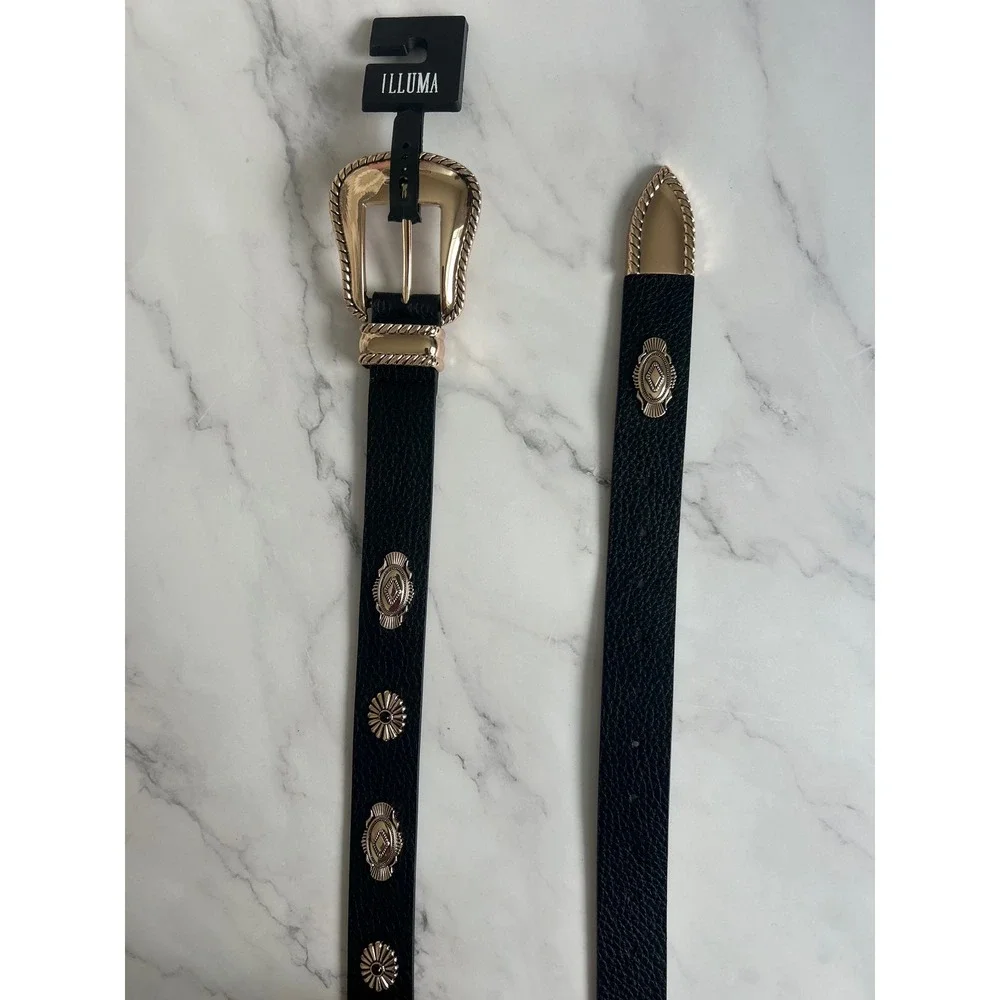 Illuma Womens Western Belt Black Gold Concho Buckle New
